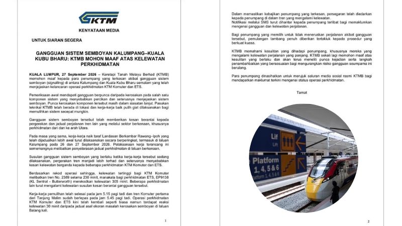 ETS lewat lebih lima jam, KTMB mohon maaf