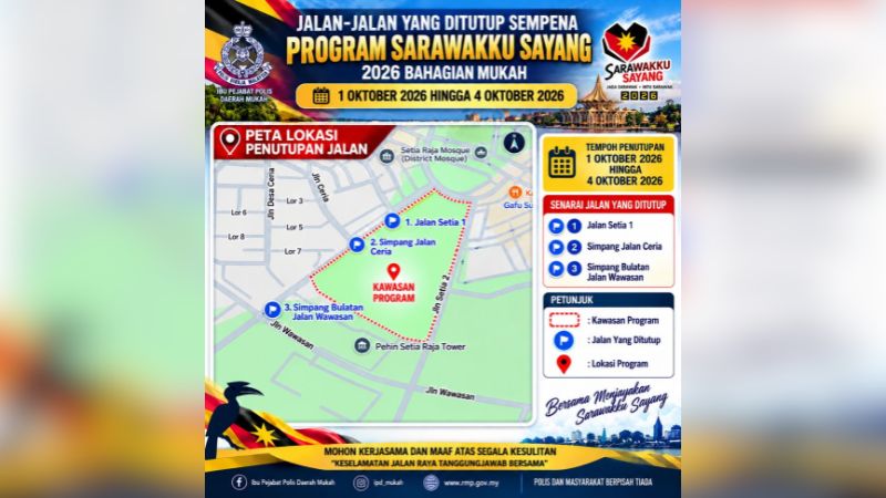 Tiga laluan sekitar Dataran Pehin Setia Raja ditutup sempena SKS 2026 Bahagian Mukah