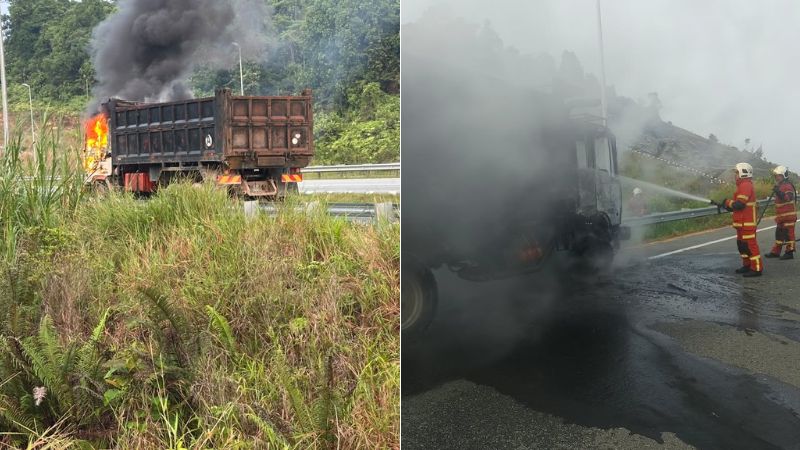 Kabin lori musnah terbakar di Pan Borneo Bintulu-Tatau